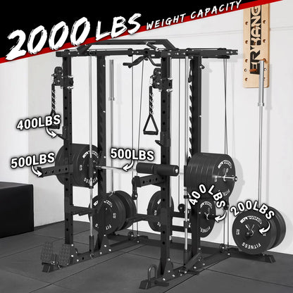 ER KANG Smith Machine Home Gym, 2000LBS Smith Rack with Cable Crossover and 800LBS Weight Bench, Home Gym Equipment